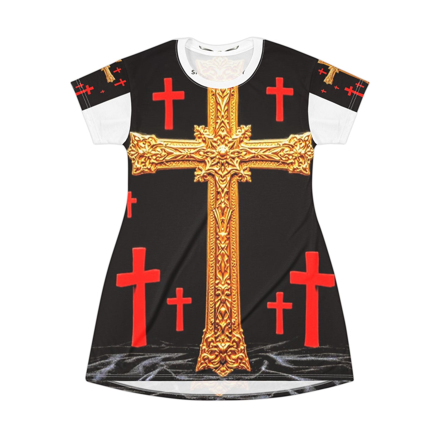 Gold Ornate Cross T‑Shirt Dress – Red Cross All‑Over Print