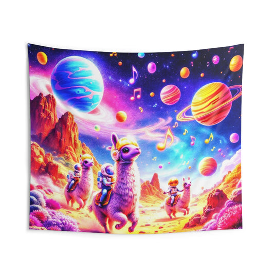 Cosmic Llama Indoor Wall Tapestry | Vibrant Space Decor, Bohemian Home Art, Festival Wall Hanging, Unique Gift for Space Lovers