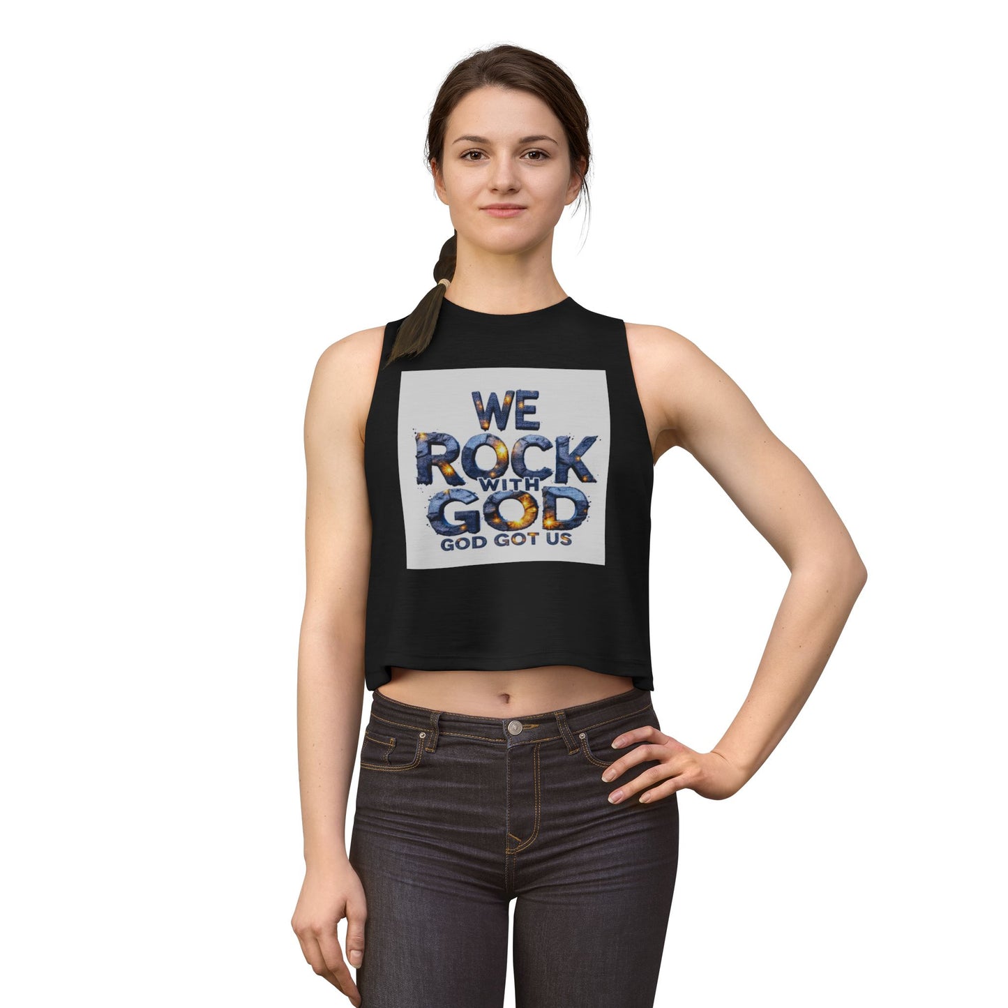 Women's Crop Top — "We Rock With God" Christian Faith Graphic Crop Tank