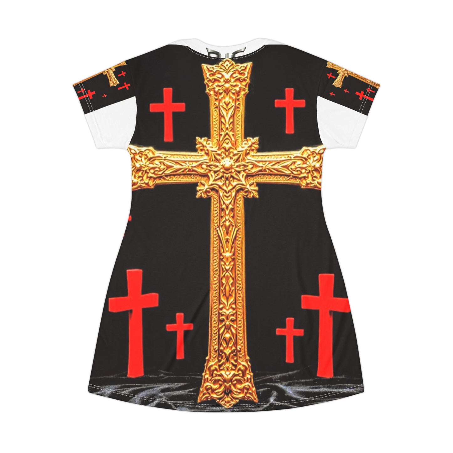 Gold Ornate Cross T‑Shirt Dress – Red Cross All‑Over Print