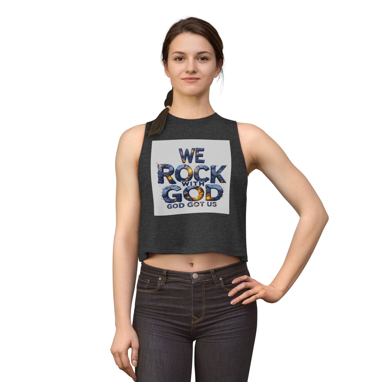 Women's Crop Top — "We Rock With God" Christian Faith Graphic Crop Tank