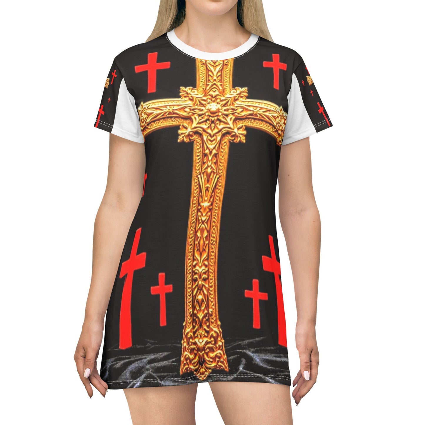 Gold Ornate Cross T‑Shirt Dress – Red Cross All‑Over Print