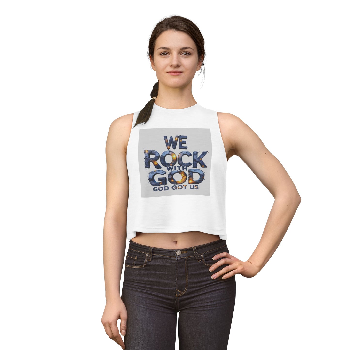 Women's Crop Top — "We Rock With God" Christian Faith Graphic Crop Tank