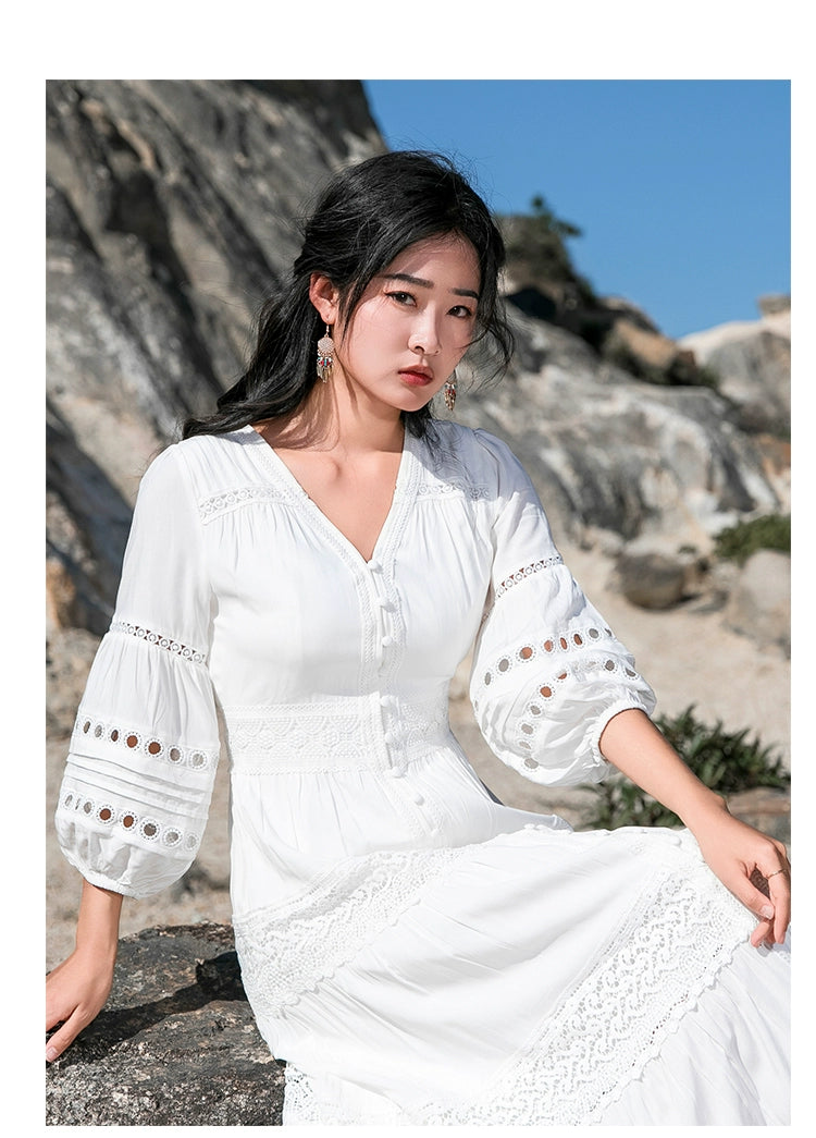 White Elegant Thai-Inspired Slim Dress – Retro Beach Resort Style