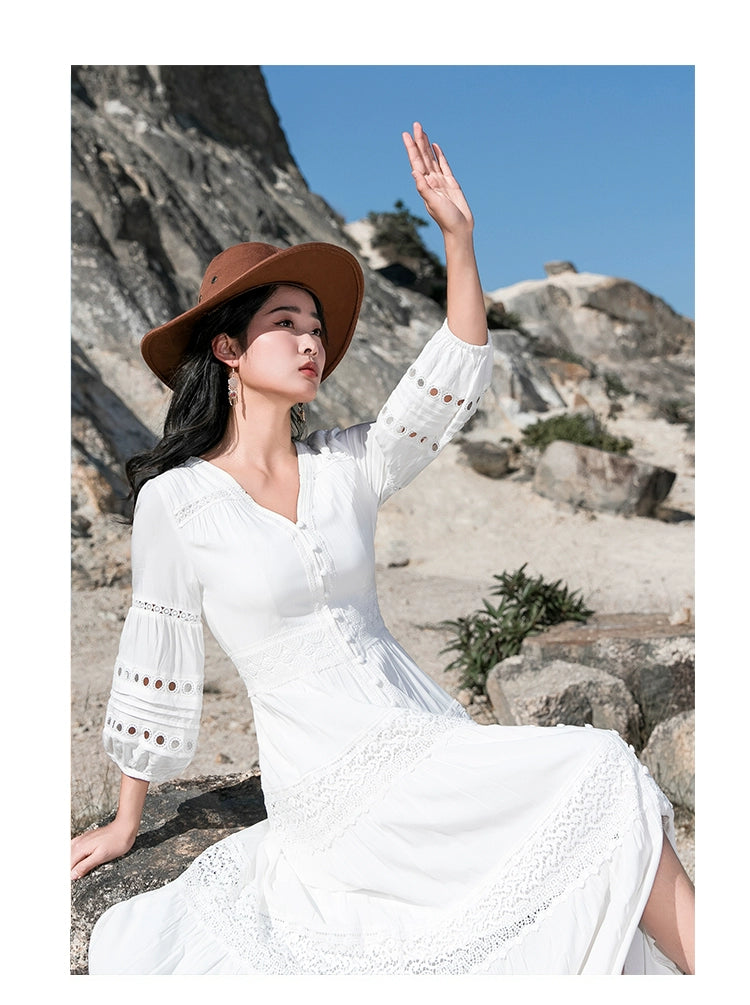 White Elegant Thai-Inspired Slim Dress – Retro Beach Resort Style