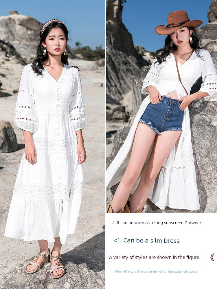 White Elegant Thai-Inspired Slim Dress – Retro Beach Resort Style