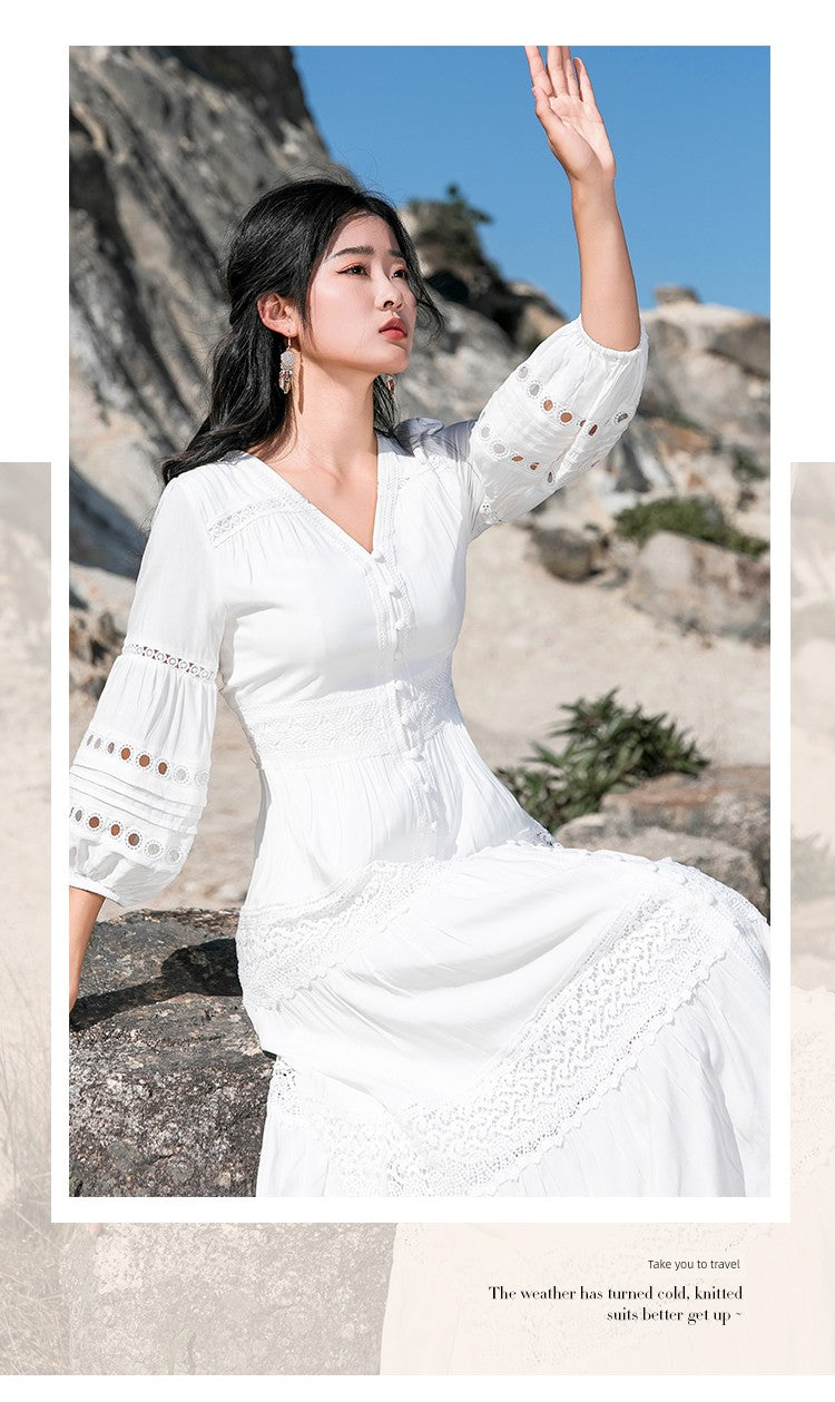 White Elegant Thai-Inspired Slim Dress – Retro Beach Resort Style