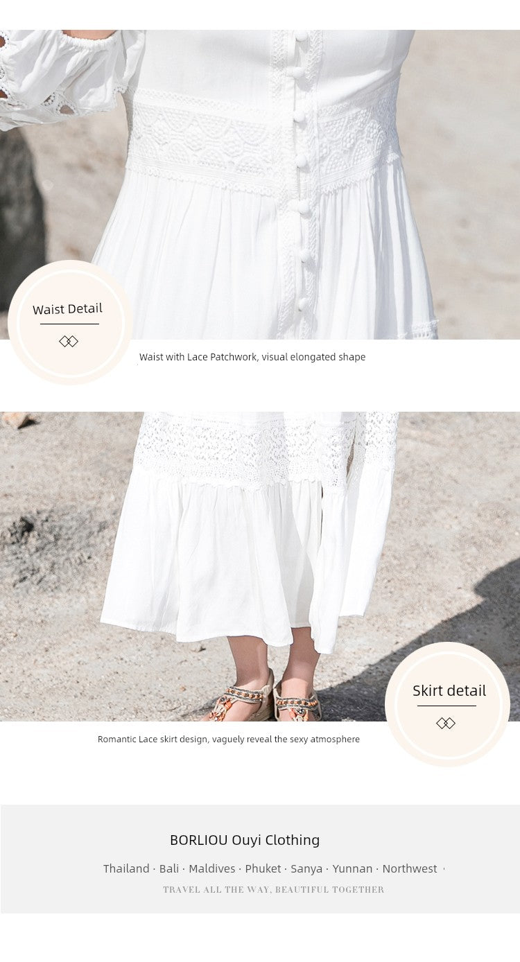 White Elegant Thai-Inspired Slim Dress – Retro Beach Resort Style