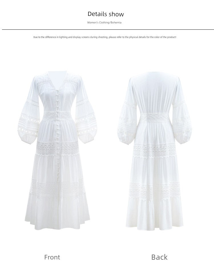 White Elegant Thai-Inspired Slim Dress – Retro Beach Resort Style