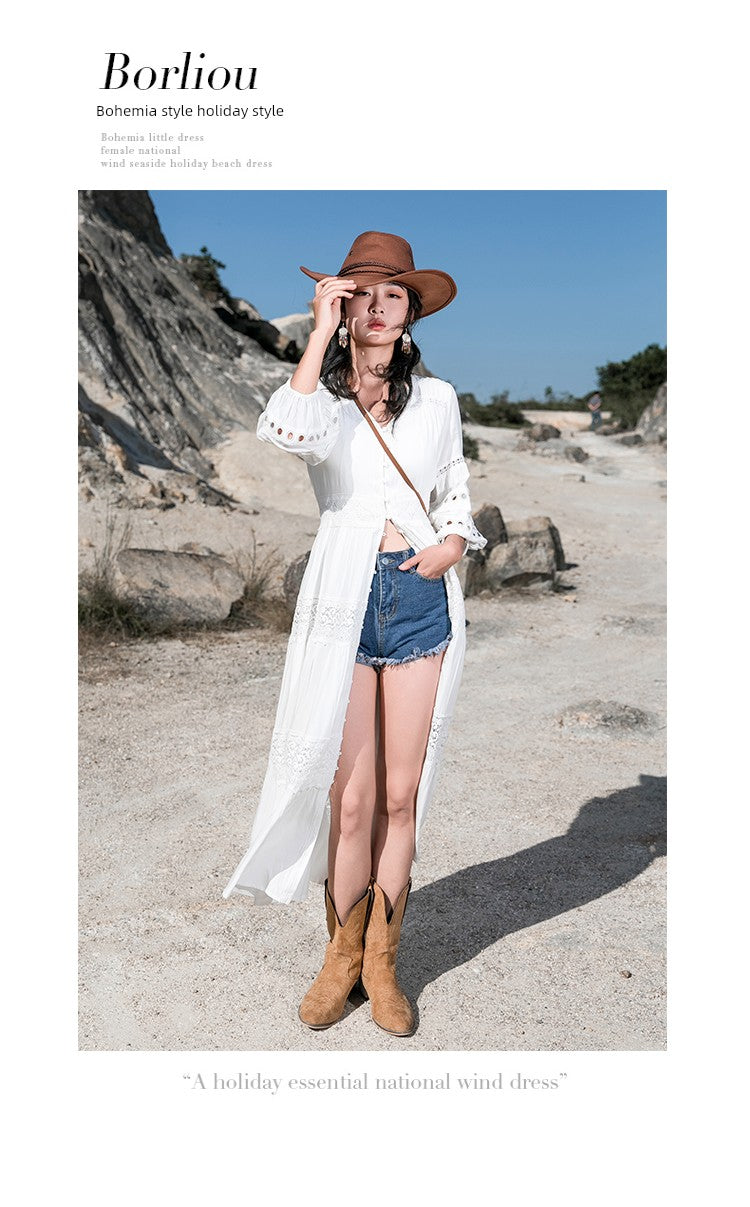 White Elegant Thai-Inspired Slim Dress – Retro Beach Resort Style