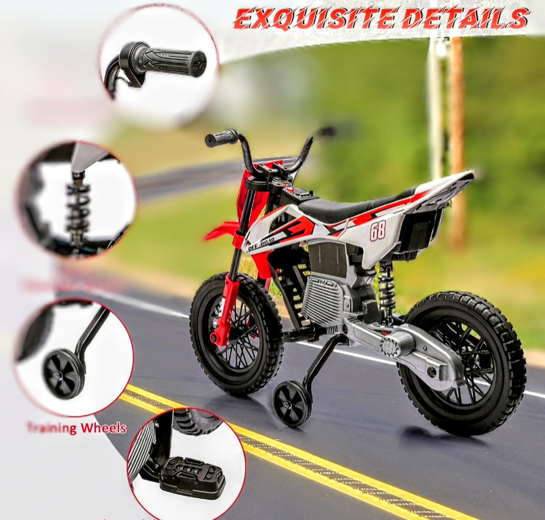 12V Kids Electric Dirt Bike Electric Motorcycle with Twist Grip Throttle, Training Wheels, Ride On Motorcycle for Kids